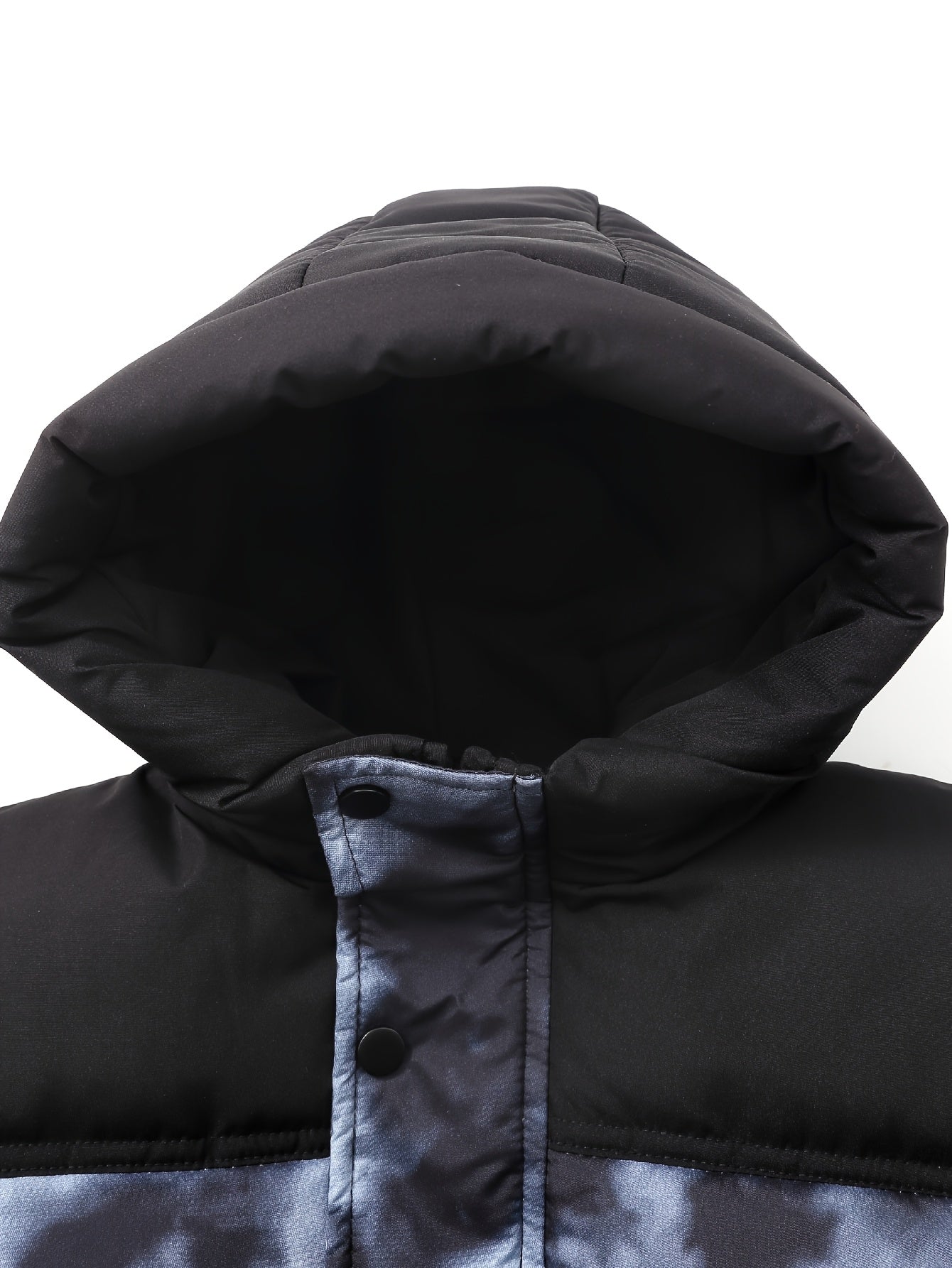 Youngsters' Camo Color-Block Hooded Parka - Warm Polyester Jacket for Boys & Girls, Fall/Winter Outerwear with Zipper Closure, Black & Blue Camouflage Pattern, Cozy and Stylish for Autumn/Winter