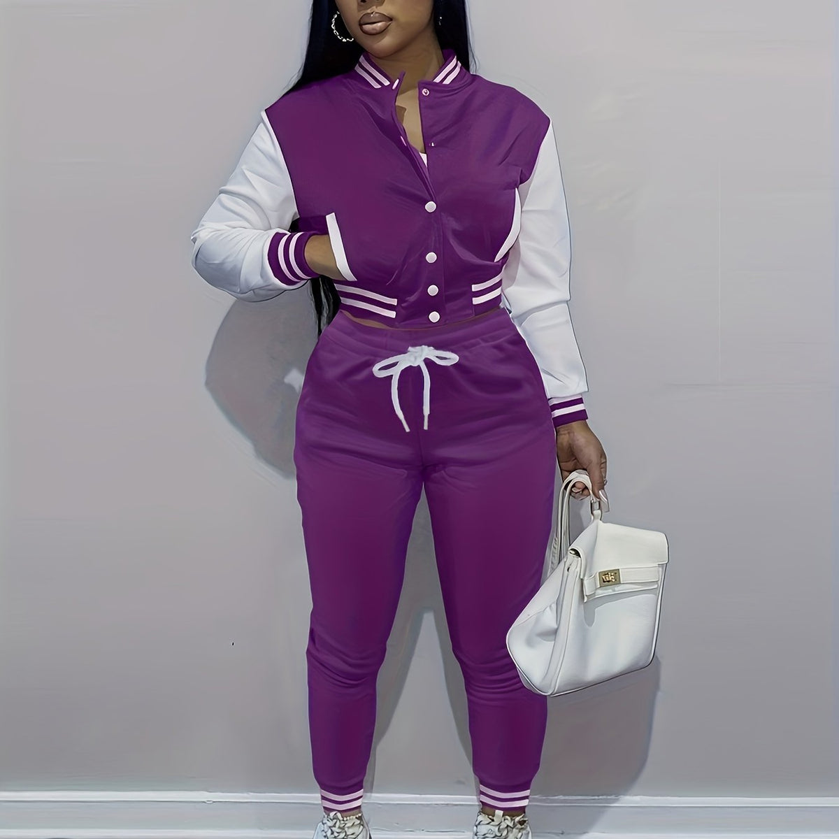 European And Trendy Women'S Patchwork Jacket with Single-Breasted Baseball Suit, a Two-Piece Outfit