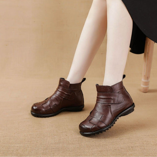 Women's Cover Ankle Boots with Top-Grain Cowhide Cover Upper - Retro Round Toe Western Boots, Flat Heel for all-Season, Casual & Dress Boots (Solid Color) - Hand Washable Rubber Sole for countryside or Urban Wear