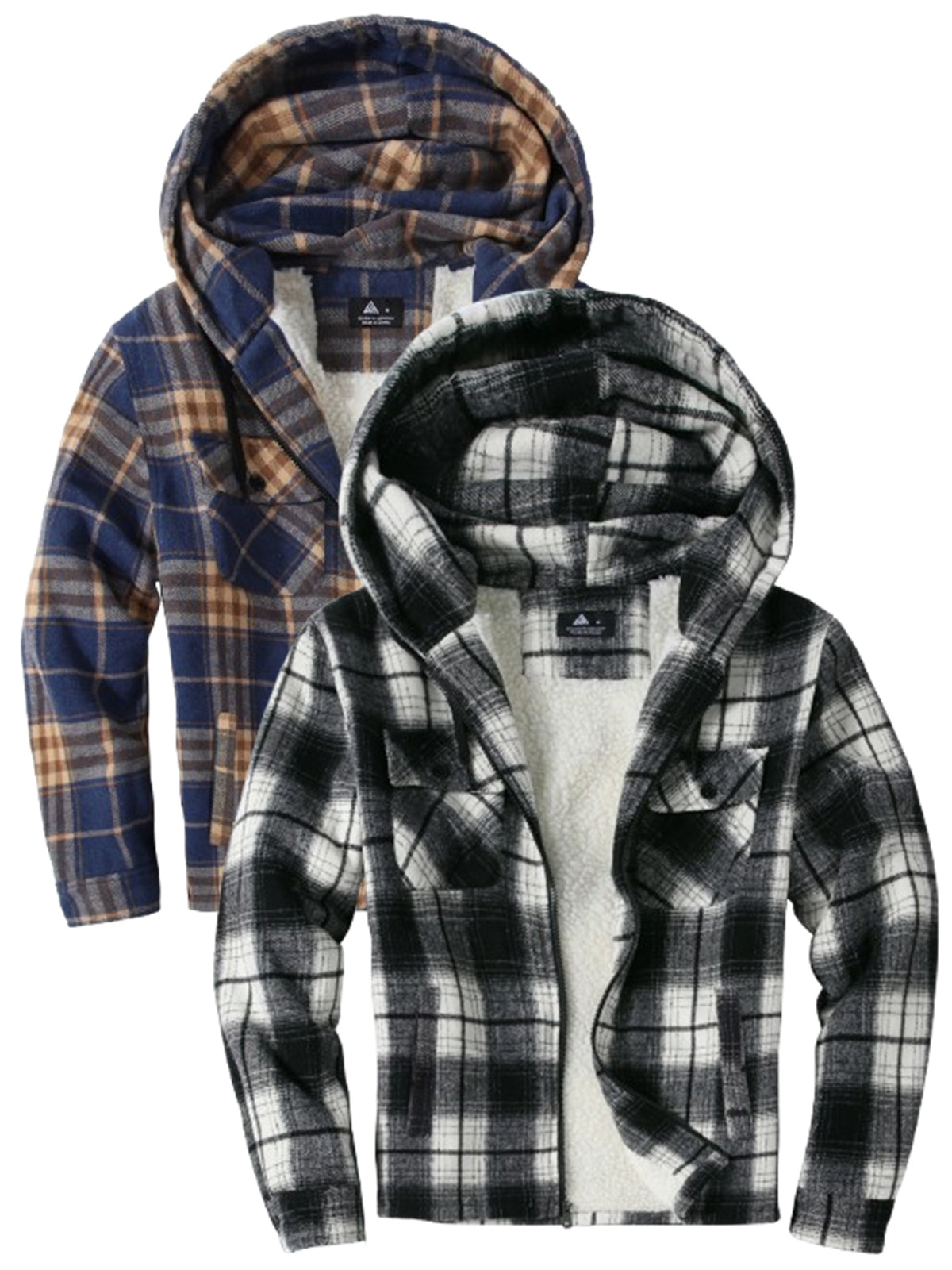 2pcs Men's Heavy Duty Sweater Hooded Jacket - Fully Zipped Thick Snow Mountain Lined Flannel Plaid Shirt with Pockets, Casual Style, Perfect for Fall And Winter, Hooded Collar, Regular Fit, Plaid Pattern, Men's Jacket, Cold W