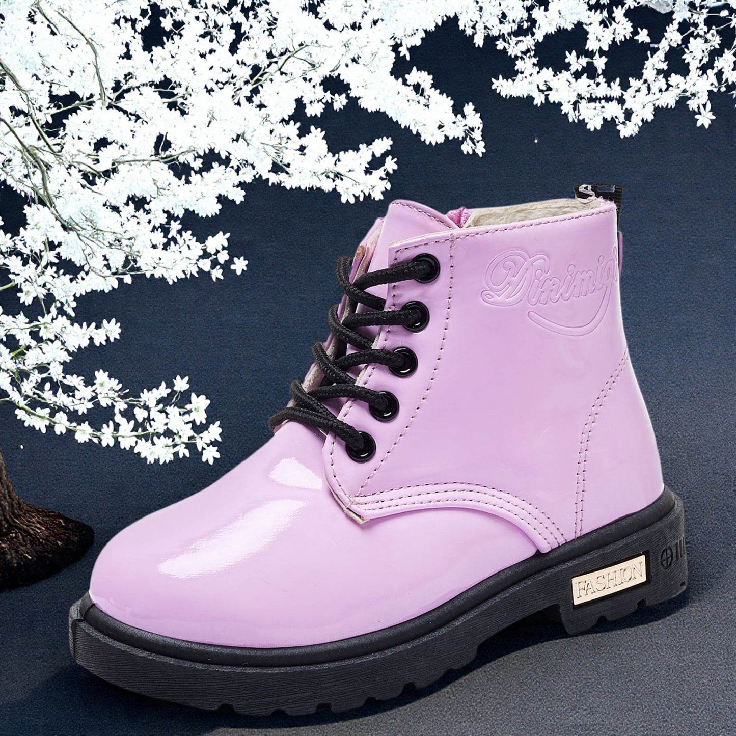 DACLAY Girls' High-Top Winter Boots with Zipper Closure, Round Toe & Arch Support - Purple Glossy Snow Boots with Heart Cutouts, Cushioned Insole & Non-Slip Rubber Sole for Outdoor, School, Casual Attire - Warm Winter Booties