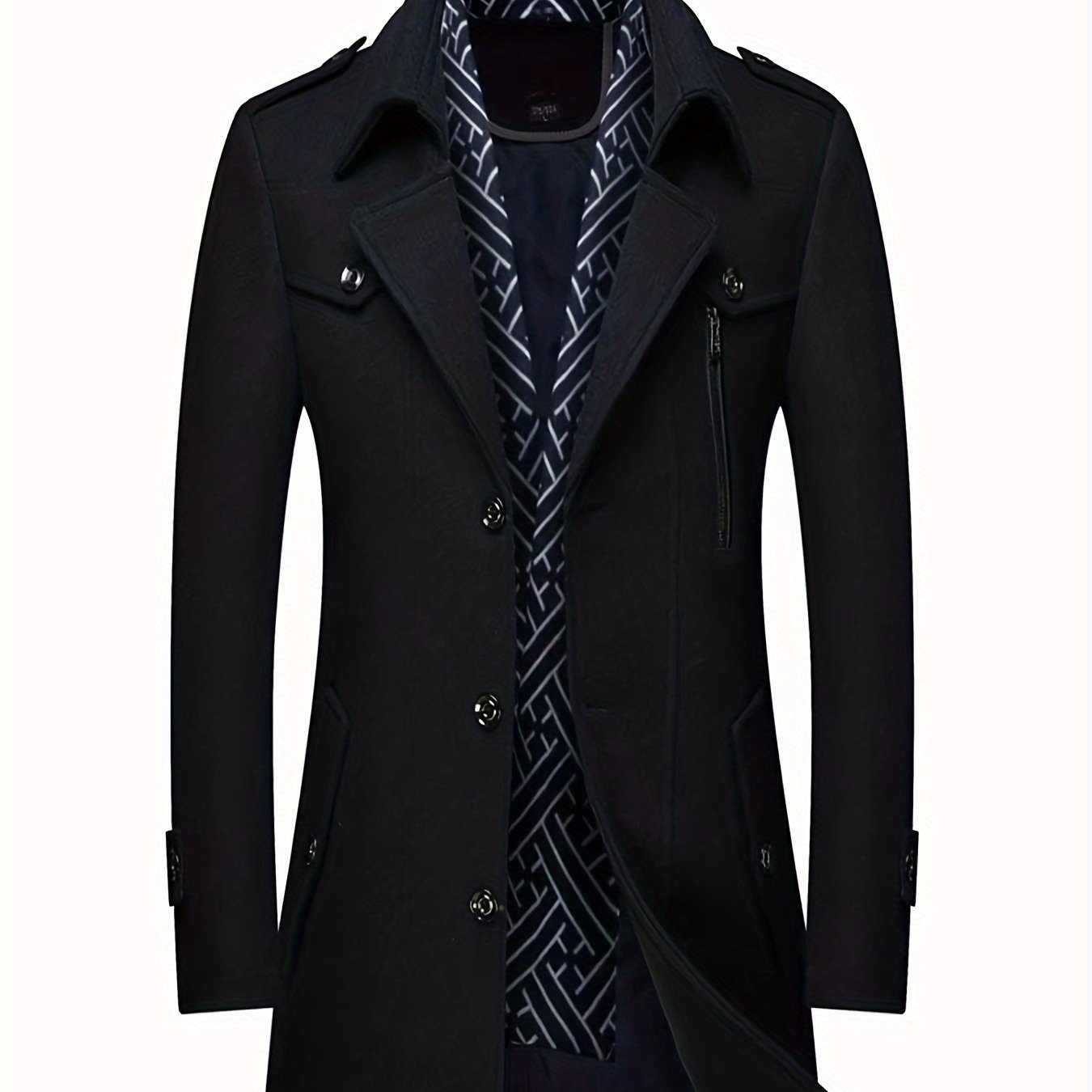 Men's Wool Blend Winter Coat with Detachable Scarf/Collars - Single-Breasted Trench Coat, Pocket & Durable - Warm Pea Jacket for Cold Weather, Casual & Formal Outfits (Hand Wash/Dry Clean)