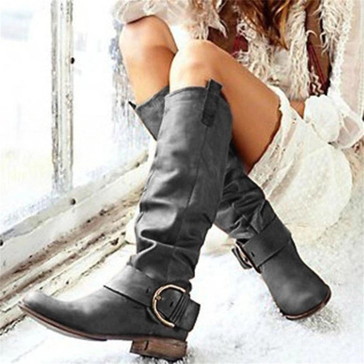 Women's Western Cowboy Boots - Chunky Low Block Heel Pull-On Knee-High Boots with PU Round Toe & Rubber Sole, Wide Widths (Size 11/12/13) - Cowgirl Riding Boots for Weddings, Rodeo, Casual Outfits -