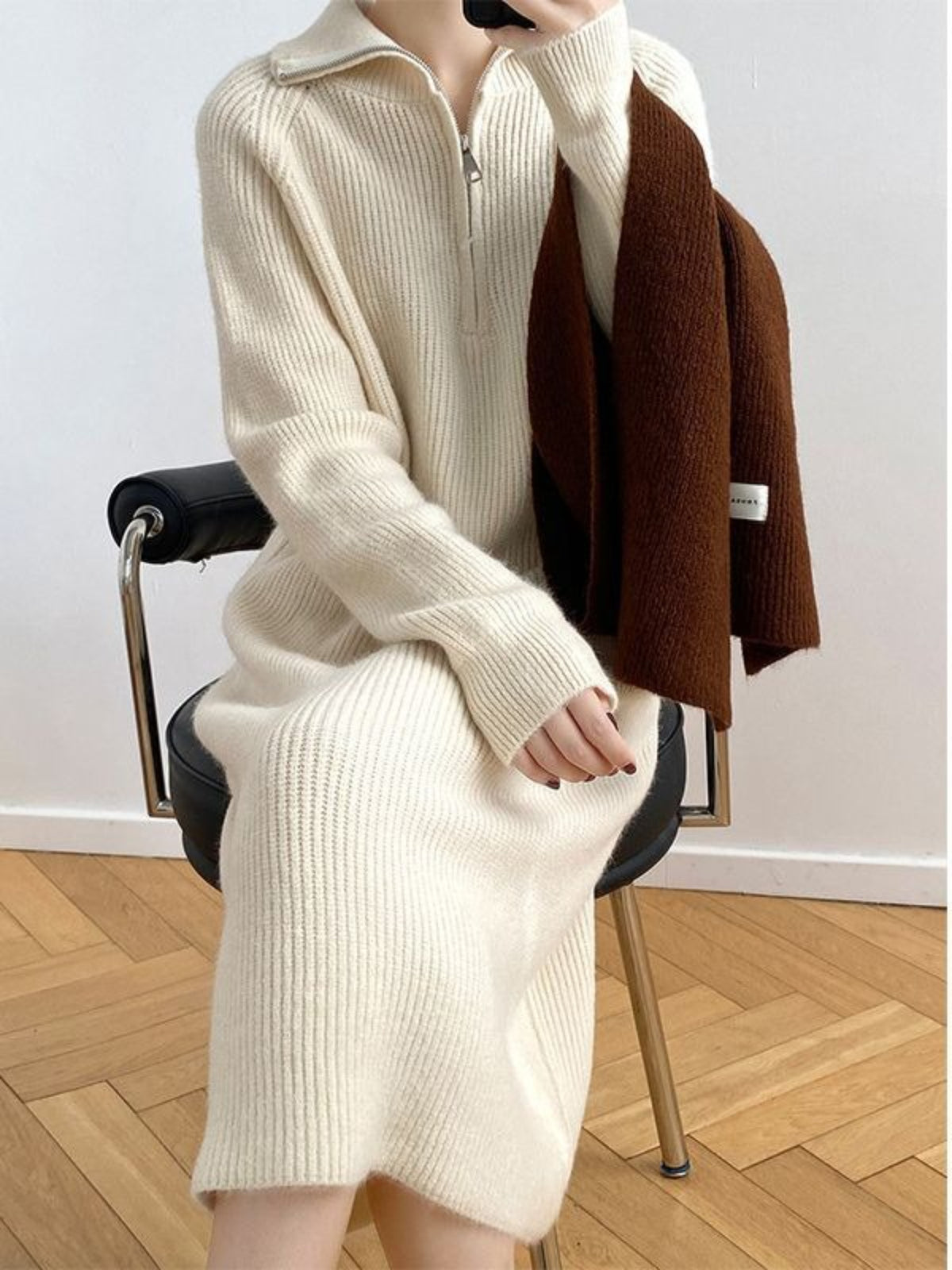 Women'S Elegant V-Neck Sweater Dress - Soft Pink Winter Dress with Zipper Closure, Knee-Length Layering Piece for Casual & Formal Events - Cozy Fall/Winter Outfits