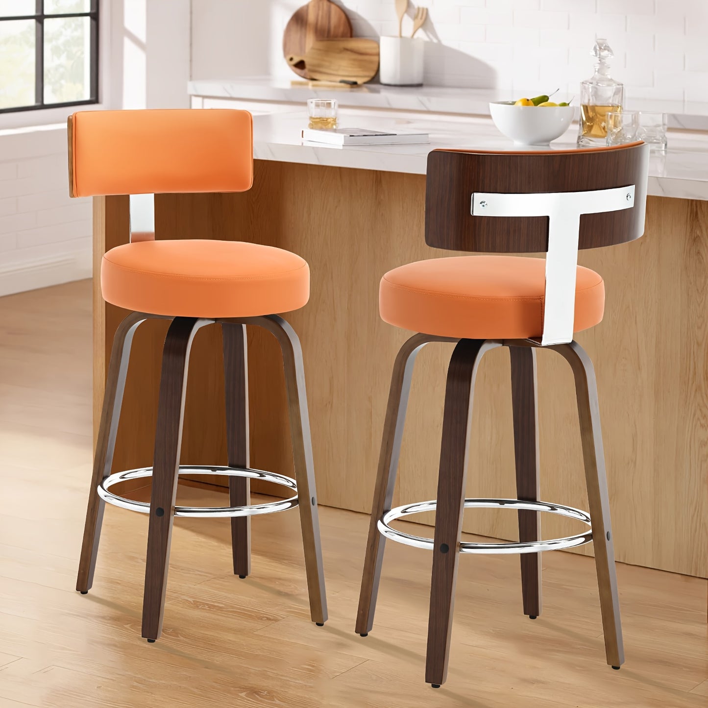 Bar Stools Set of 2, Faux Leather 360° Swivel Barstools with Back and Round Seat, Modern 26"/29" Bar Height Upholstered Bar Chairs Island Stools for Kitchen Counter, Walnut Bentwood Legs
