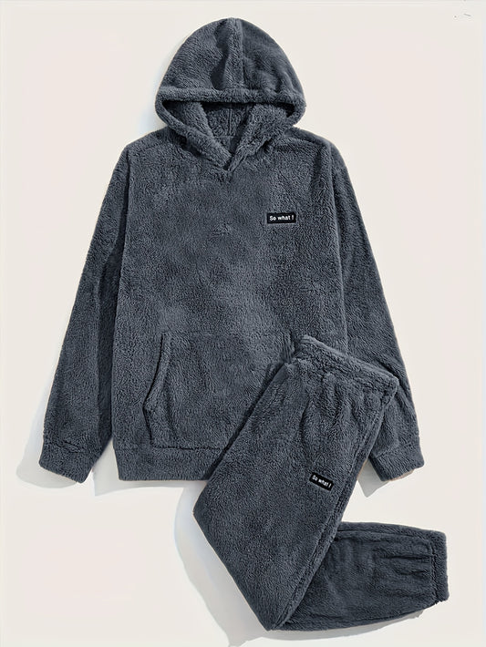 2pcs Boys' Winter Hooded Jacket & Pants Set - Thickened Oversized Hoodie with Matching Brown Pants, Elastic Waist & Cuff, Machine Washable Warm Outfit for Teen Boys & (Casual Cold Weather Clothing), Perfect for Outdoor, for T