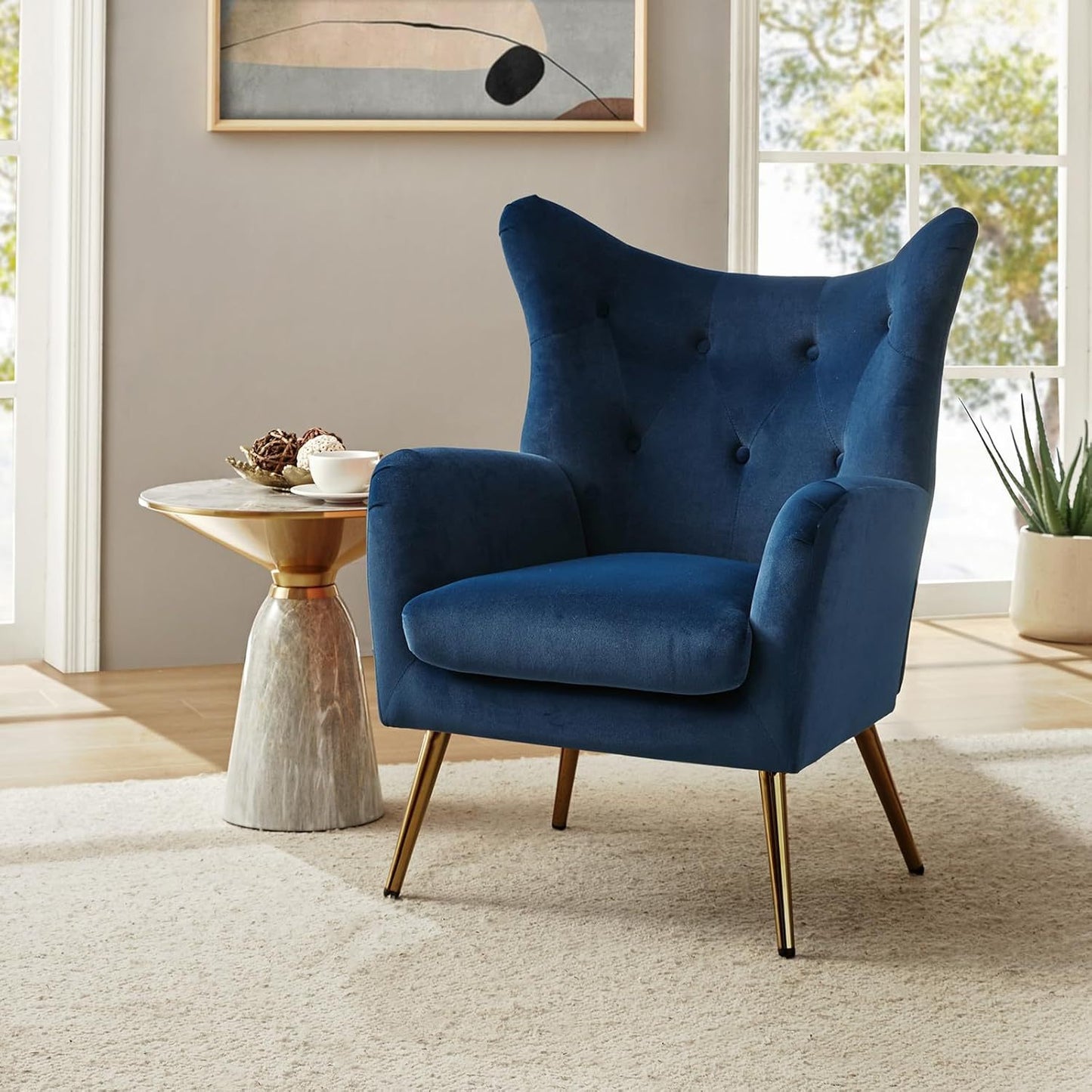 Modern Velvet Wingback Arm Chair with Golden Metal Legs - Tufted Upholstered Accent Chair in Blue/Yellow, Wood Frame, Perfect for Living Room, Bedroom, or Dining Room, Chair for Living Room