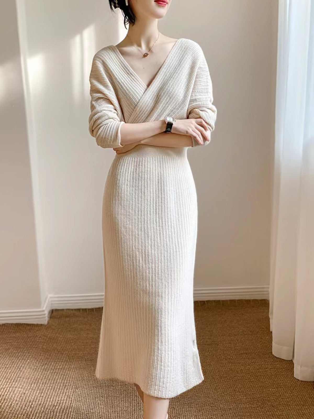 Women's French Style Over-the-Knee Dress - Waist-Cinching Slim Fit Batwing Sleeve A-Line Winter Dress with Beige/ Color, Elegant Party Wedding Attire (Hand Wash/Dry Clean) - Dress for Tall Boots