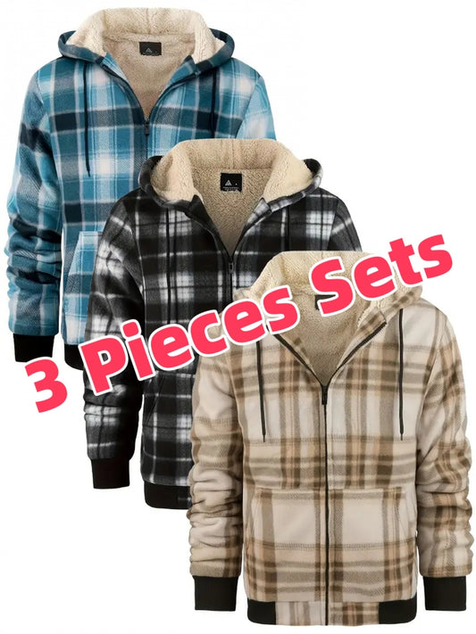 3pcs Sets Flannel Plaid Shirt Jacket for Men Lined Zip Up Hoodies Shirts Jackets, Hoodie, Jacket for Men Plus Size, Hoodies for Women, Plus Size Hoodies for Men, Casual Wear, Seasonal Fashion, Plaid Design, Classic Hoodie, Du