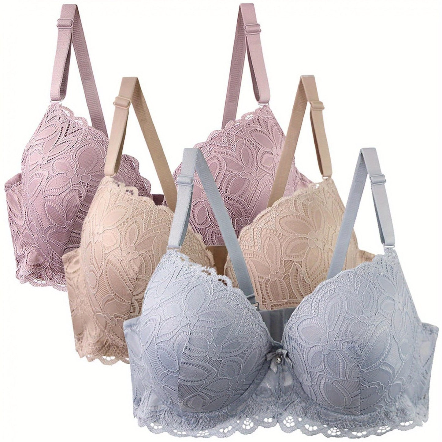 3pcs Women'S Wireless Push Up Bras - Full Coverage Wire-Free Everyday Support, Soft Breathable Fabric, Adjustable Straps & Lace Trim, 3 Colors (Pink/Beige/Light Blue) - Daily Comfort Lingerie, Wireless Bras, Casual Attire, El