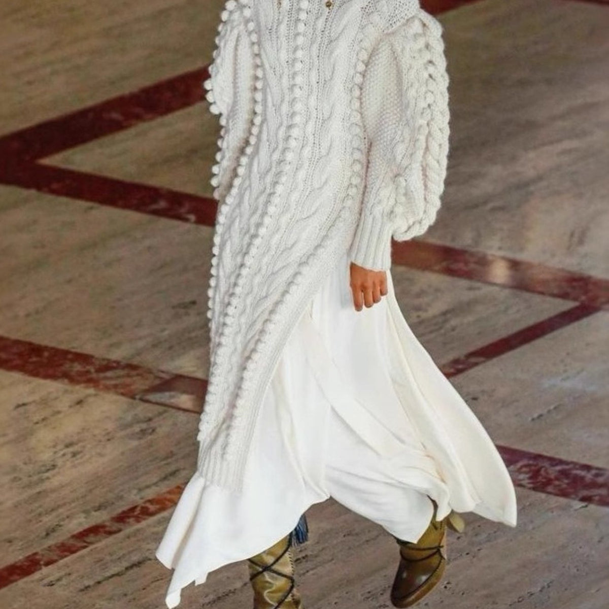 Women'S Elegant High-Neck Cable Dress - Loose Fit, Long Sleeve, White, Flowy Skirt, Mid-Length, Perfect for Fall & Winter, Winter Dresses