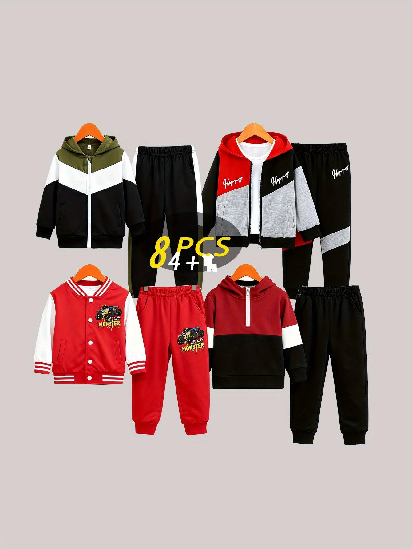 8pcs - Targeted Development New Year's Gift Autumn/Winter New Style Boys' Fashion Long Sleeved Pants Set Pattern Baseball Jacket Splicing Cool Printed Sports And Leisure Outdoor Set, Perfect for Outdoor