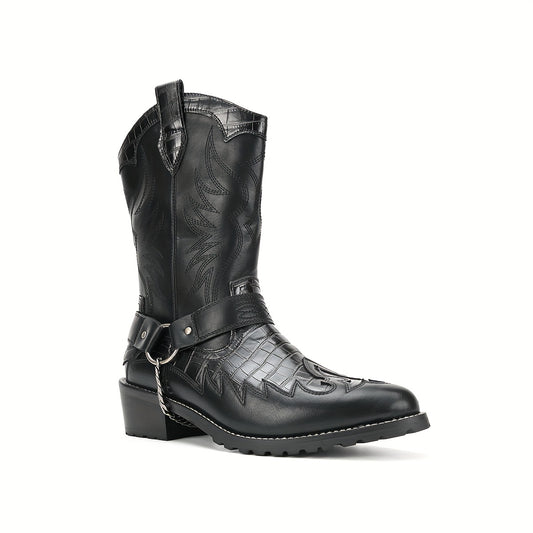 Men's Western Cowboy Boots with Metal Chain Strap & Buckle - Slip-On Short (PU Upper/Rubber Sole) - All-Season Rodeo, Casual & Outdoor Boots - Toe for Country Music Events & Cowboy-Themed Outfits