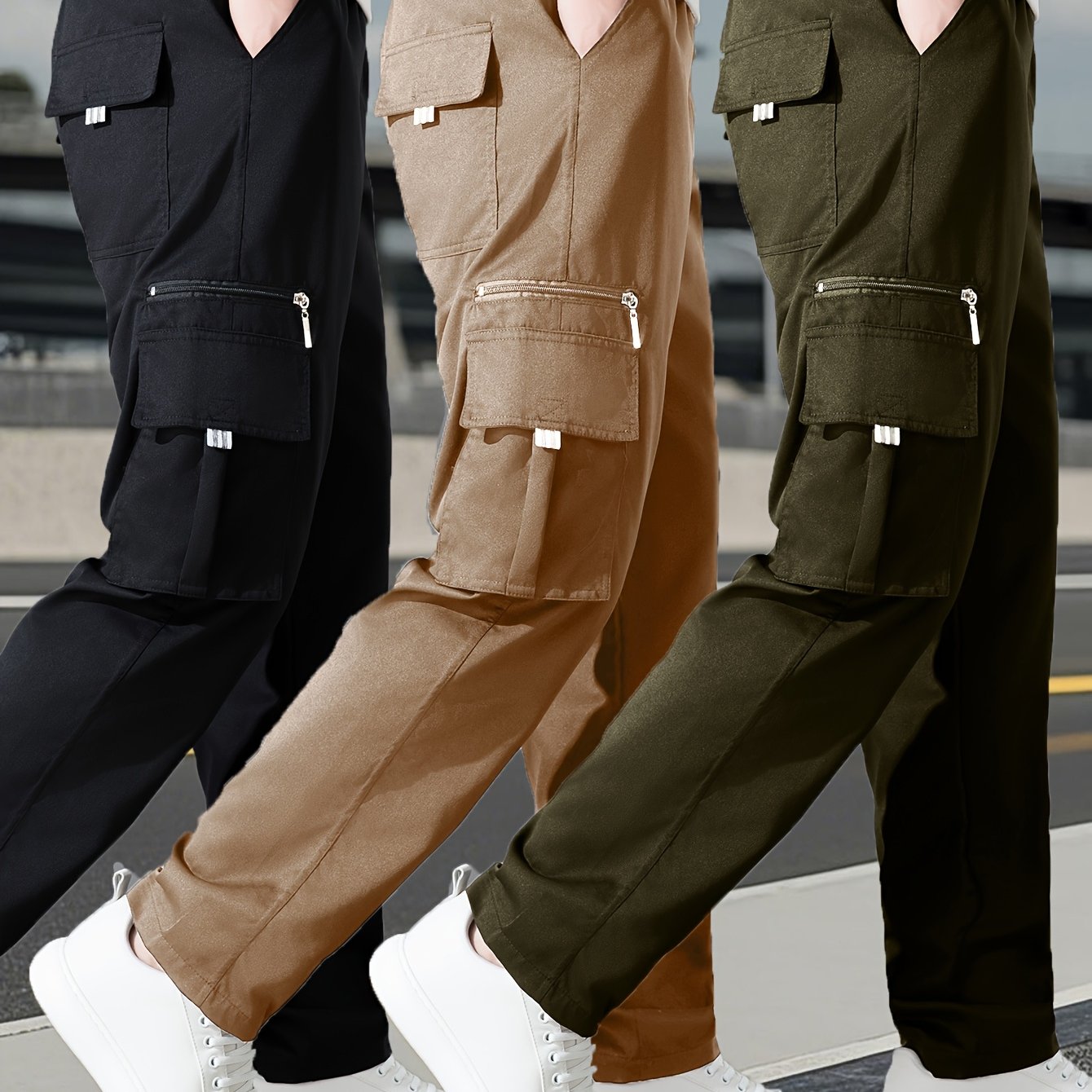 Set of 3 • Men's Outdoor Multi-Piece Work Pants • Solid Color • Classic Style for All Seasons