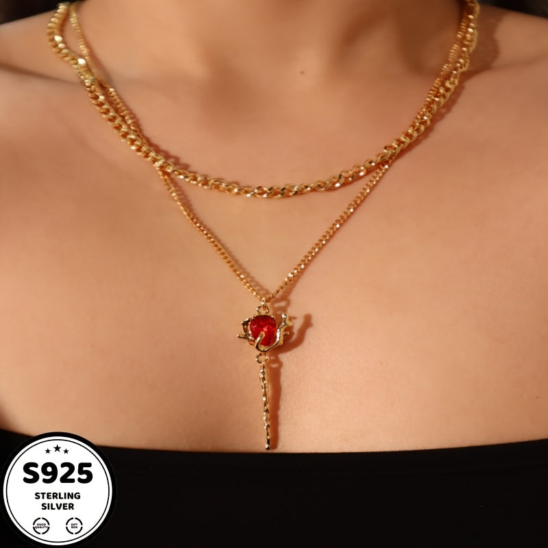 925 Sterling Silvery Red Rose Pendant Necklace, 18K gold plated 18K gold plated-plated Teenager'S Necklace, Chain, Waterproof, Sweat-proof, Inlaid With Synthetic Synthetic Zircon, Daily Wear, Holiday, Birthday, Anniversary