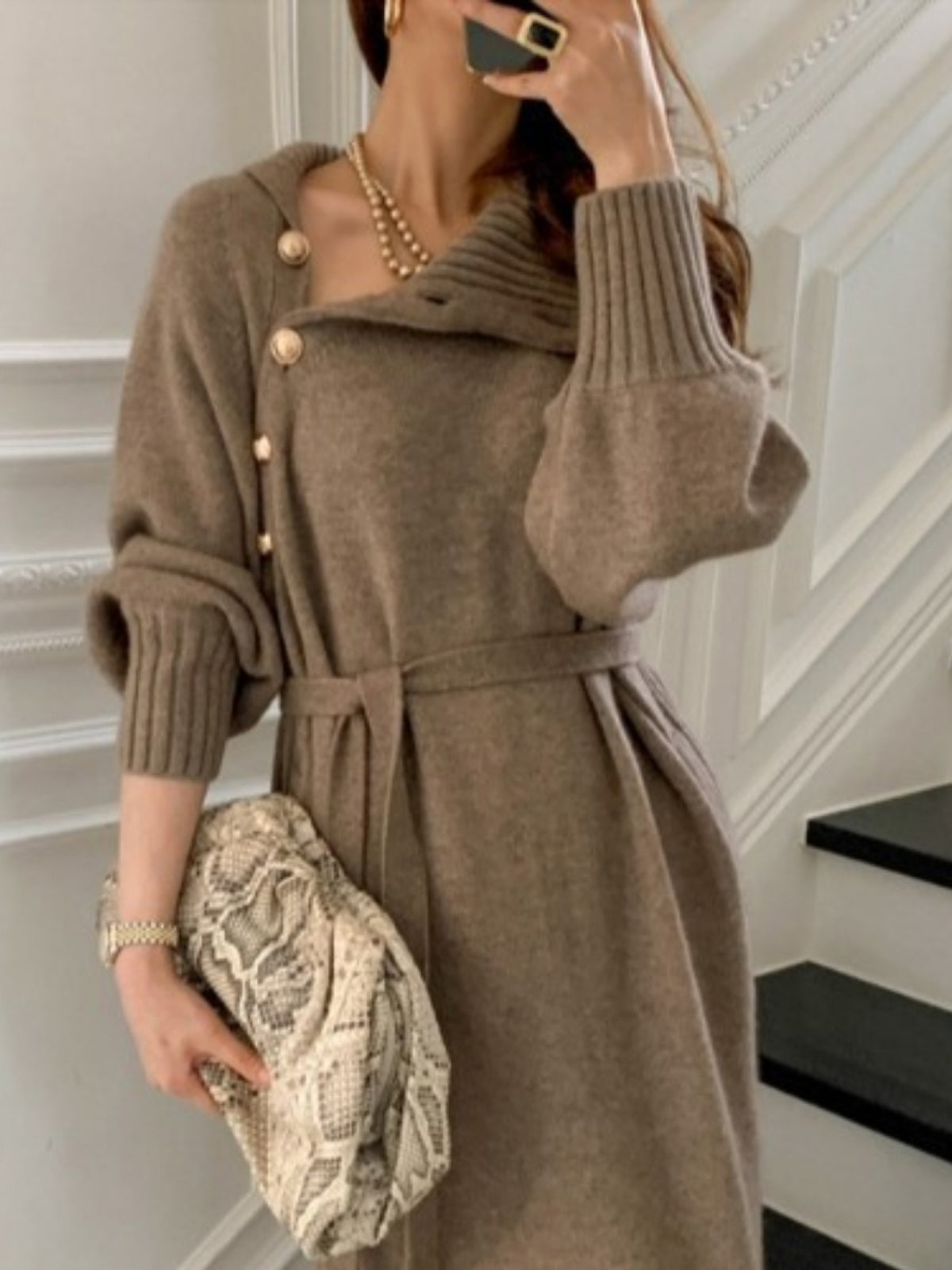 SCACTO 2025 Cozy Maxi Dress, Chunky Turtleneck, Adjustable Tie Waist, Loose Winter Sweater Gown