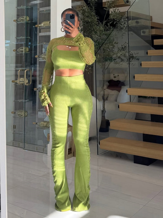 HERTALK Women'S 3pcs Winter Warm Sweater Set - Oversized High-Neck Sweater with Pockets, Matching Pants & Crop Top | Solid Green Cozy Outfit for Fall/Winter | Elegant Casual to Semi-Formal Wear | Durable & Comfortable Knitwea