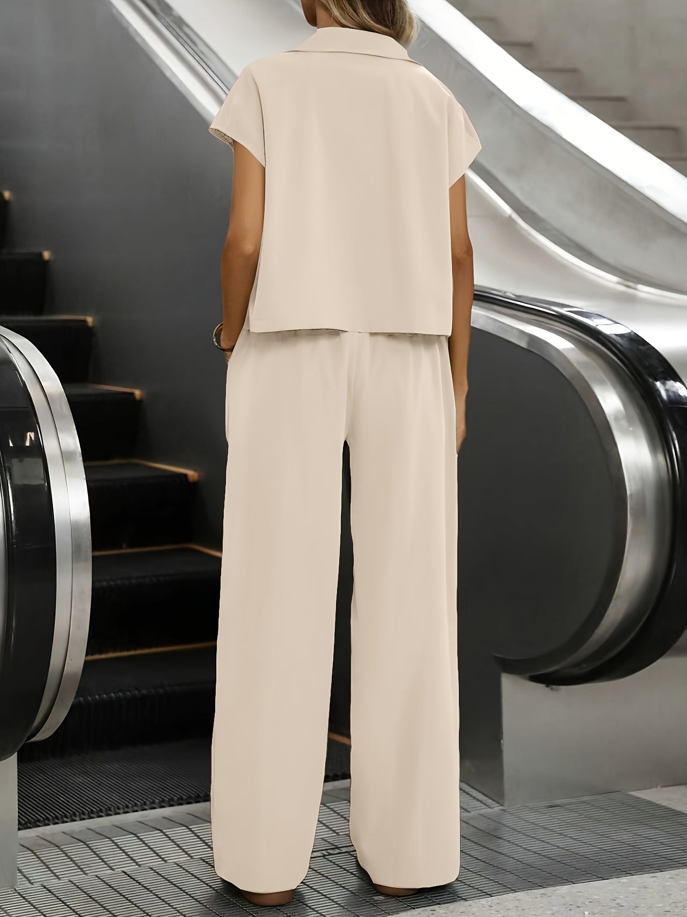 Women's Casual Solid Color Shirt and Pants 2pcs Set • Spring Summer 2pcs Set: Solid Color Button-Up Short Sleeve Top and Pocket Pants • Women's Casual Elegant Spring Summer 2pcs Outfit • Women's Outing and Date Wear •
