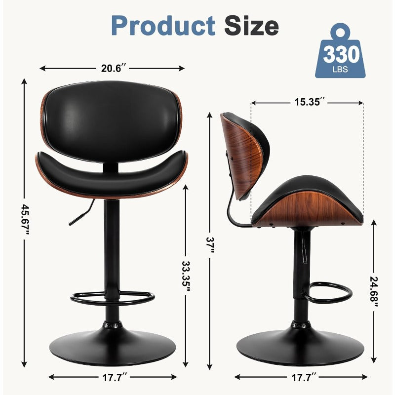 Bar Stool Set (2-Piece/4-Piece/6-Piece), Adjustable Bar Height, PU Leather-Covered Seat, Ergonomic Backrest and Footrest, Non-Slip Rubber Base, Suitable for Bars and Home Kitchen Islands, Black