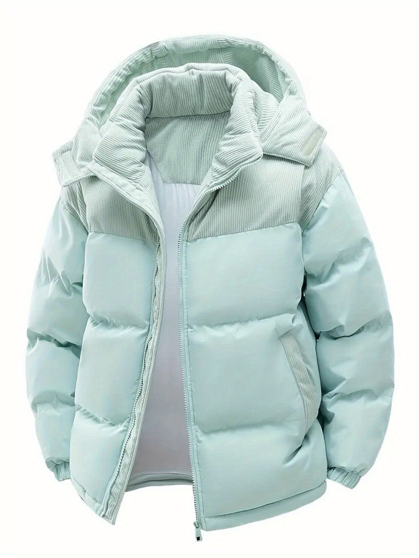 1pc Men'S Winter Hooded Casual Fleece Jacket - Color Block Design, Detachable Hood, Warm Polyester Fill, Zip-Up Front, Regular Fit for Men & Women, Cozy Couple'S Outerwear, Winter Hooded Jacket, Cozy Clothing, Durable Zipper