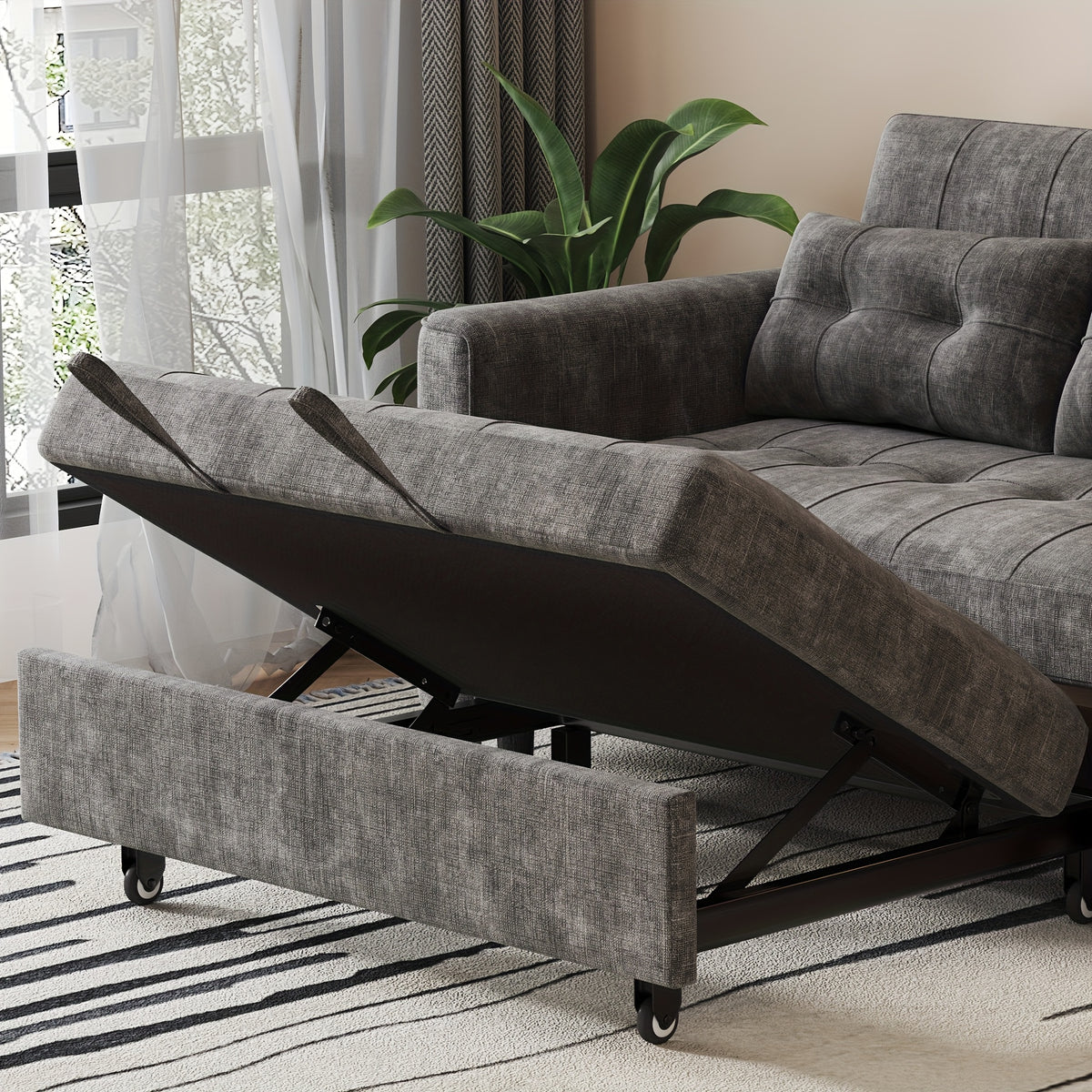 Convertible 3-in-1 Sofa Bed, Foldable Sleeper Chair with Pull-Out Design with Soft Chenille Fabric and Pull-Out Sleeper, Sturdy Wood Frame, Adjustable Backrest, Side Storage Pockets, Space-Saving Modern Sofa Bed for Living Ro