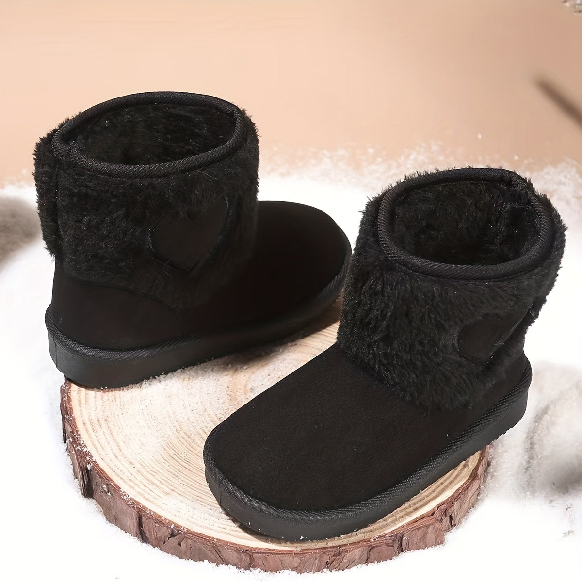 ' Pink Plush Winter Snow Boots with Heart Cutouts - Short Ankle Warm Traction Sole, Slip-On & Buckle-Free Closure, Soft Fabric for & (Pink) - Cozy Outdoor & Cold Weather Footwear