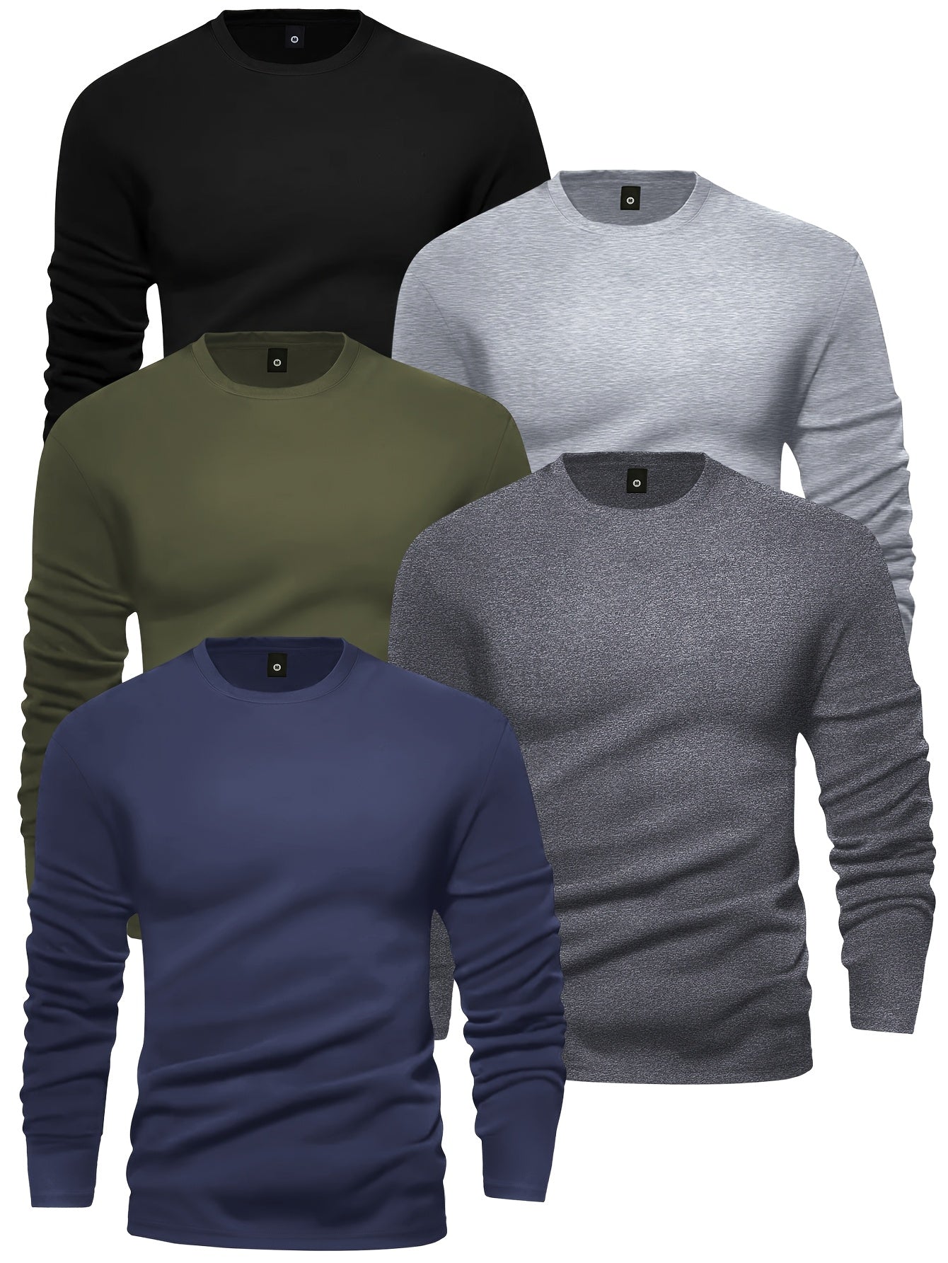 [5pcs Men's T-Shirts] 5pcs Men's Long Sleeve Round Neck T-Shirts - Solid Color Base Layer Layering Shirts, Casual & Athletic Wear, Durable Machine-Washable Tops for Jogging, Gym, Everyday Use - Bulk Pack Value (5)