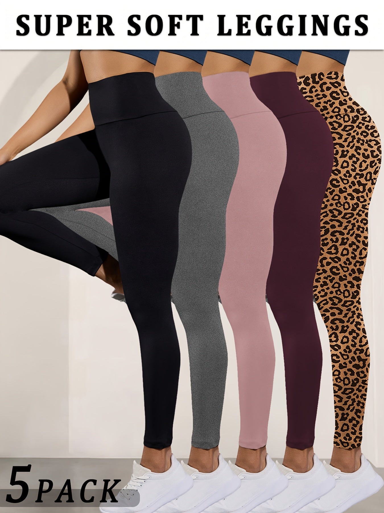 Set of 5 • Ultra-Soft Leggings for Ladies • High Waist for Tummy Support • Non-Transparent • Perfect for Workouts, Yoga, And Running