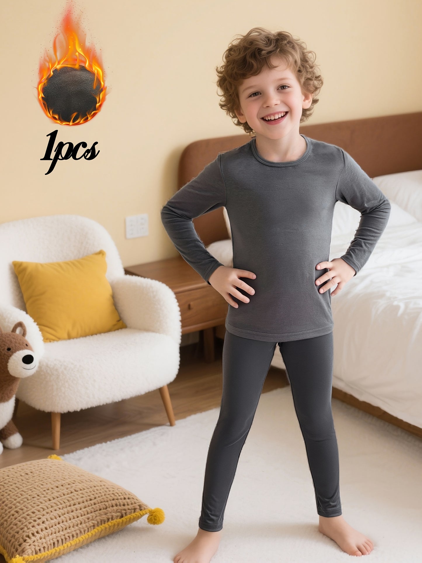 Gray 1pc Fleece Thermal Long Sleeve T-Shirt and Solid Color Pants Set for Kids