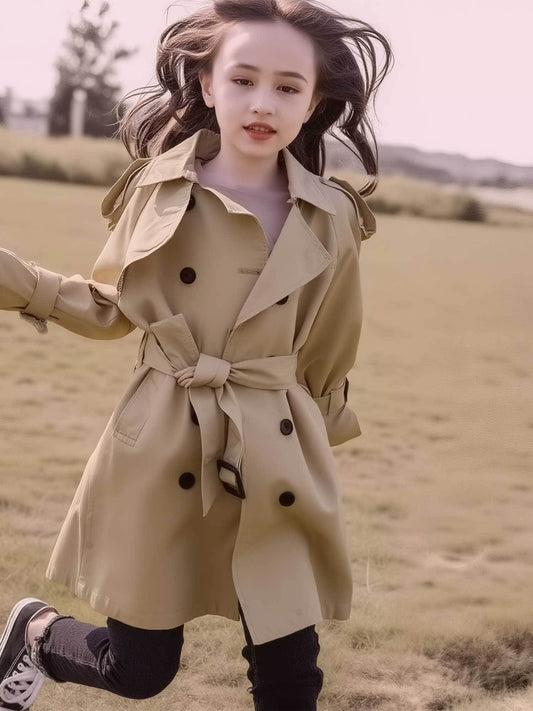 Girls 8-12 Years British-Style Khaki Trench Coat - Mid-Length & Casual Jacket with Belt-Free Waist Cinch, Button Front, Collar & Golden-Tone Buttons - Machine Washable Outerwear for (No-Lift Design)