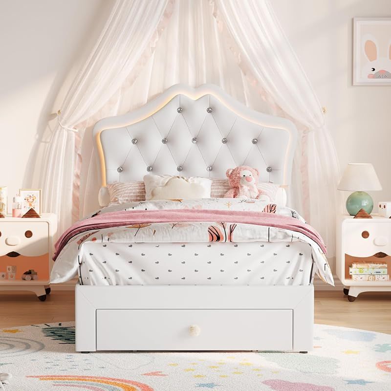 Twin-Size Single Bed Frame with Headboard & Storage Drawers - Modern Platform Bed with Upholstered Headboard, Easy Assembly, No Springs Needed