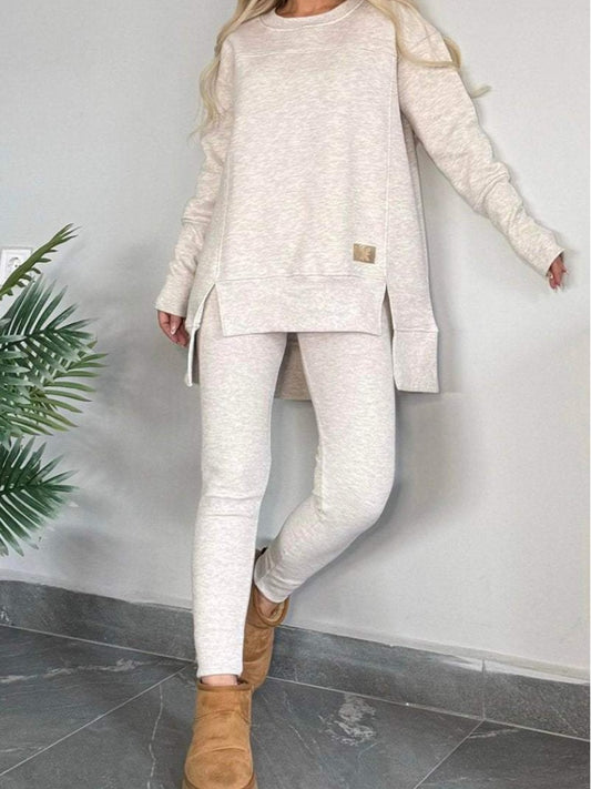 Autumn And Winter Women'S Tops Slit Long Sleeve Round Neck Casual Solid Color Suit, Winter Wardrobe, Seasonal Fashion, Minimalist Design, Classic Outfit, Quality Stitching, Warm Material, Women'S Suit Set