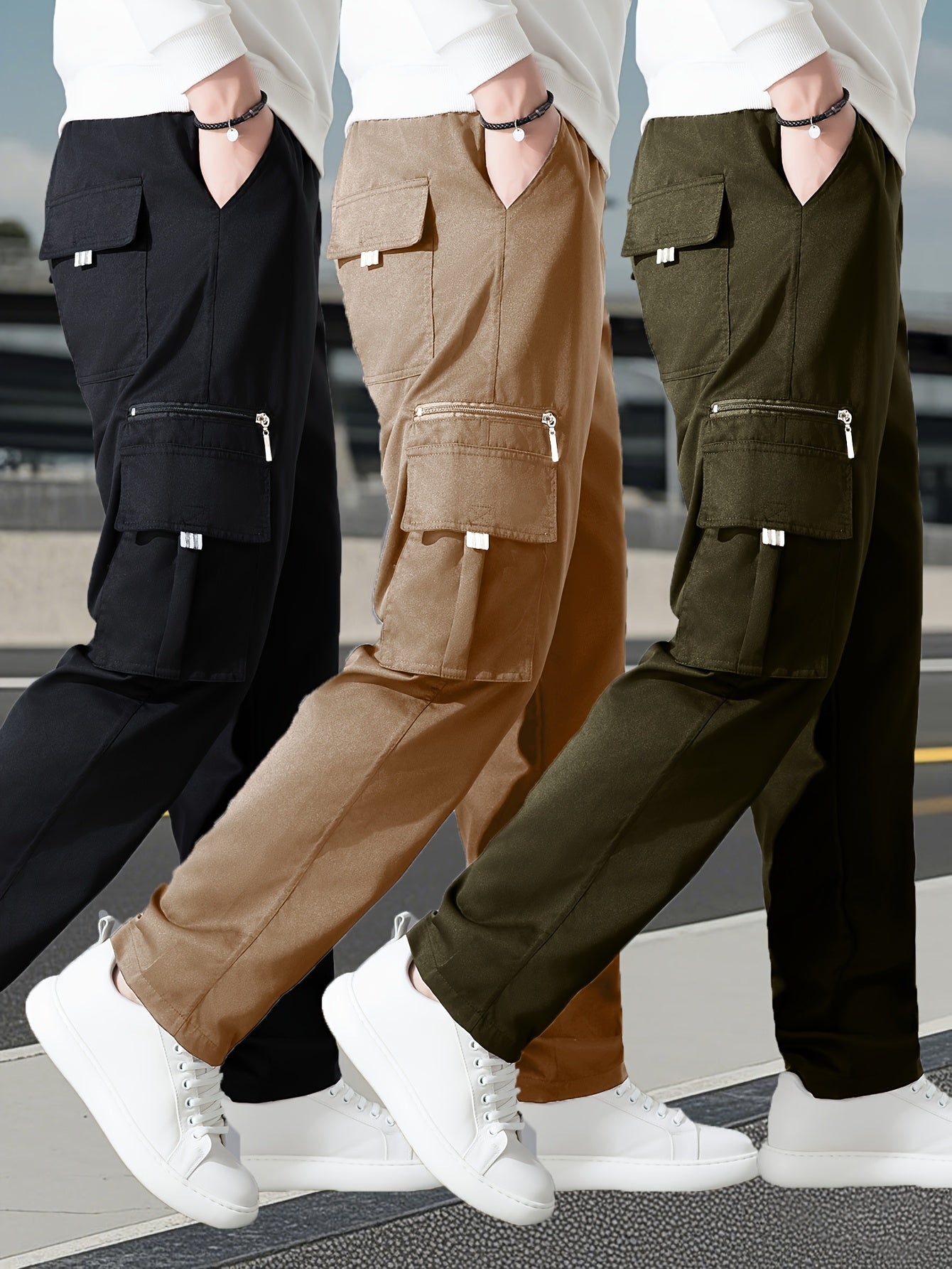 Set of 3 • Men's Outdoor Multi-Piece Work Pants • Solid Color • Classic Style for All Seasons