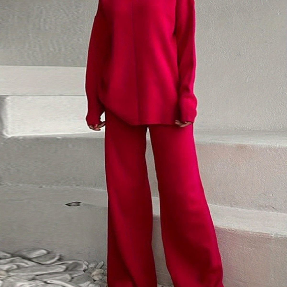 Women'S Elegant Half-Turtleneck Sweater & Pants Two-Piece Set - Oversized Loose-Fit H-Line Silhouette, Soft Stretch Sweater with Asymmetrical Neckline & 3/4 Sleeve, Solid Color Winter Warmth, Casual to Semi-Formal Outfits (Be