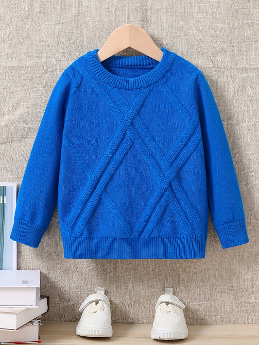 Boys' Round Neck Sweater Top - Long Sleeve Casual Pullover with Geometric Pattern, Soft Stretchy Fabric, Regular Fit for Fall/Winter Layering, Solid Color, Winter Layering Top | Geometric Pattern Top | Soft Stretch Fabric