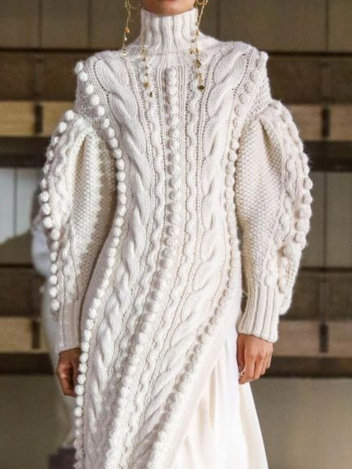 Elegant Women'S High-Neck Sweater Dress with Lantern Sleeves and Pearl Embellishments - White, Knee-Length, A-Line Silhouette, Perfect for Fall Fashion, Autumn Fashion | Pearl Embellished Dress | Construction, Sweater Dress