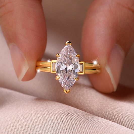 3ct Marquise Moissanite Ring 925 Sterling 925 Silver 18K Gold Plated Plated Baguette Side Stones Minimalist Geometric Jewelry Office Gift for Women