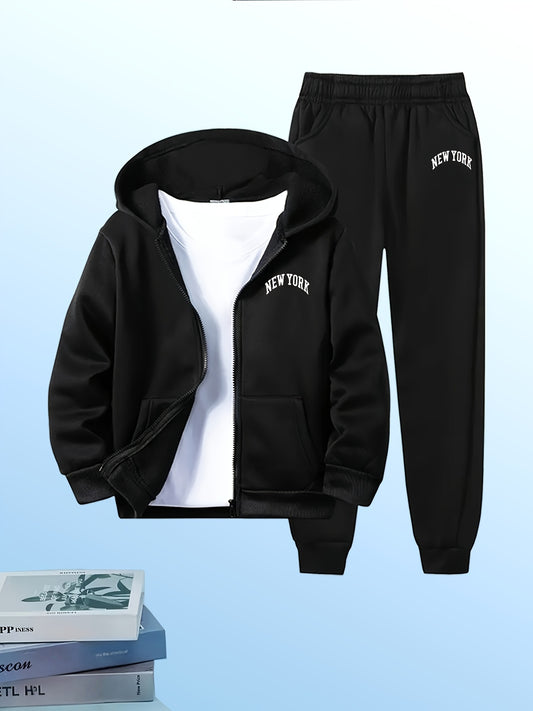 [ 6pcs Set ] Autumn New Men'S Hooded Sweatshirt Set, Both Sweatshirt And Sweatpants Are Printed with The Words "NEW YORK", Highlighting The Urban Trend. Regular Version, Machine Washable, Suitable for Daily Leisure And Outdoo
