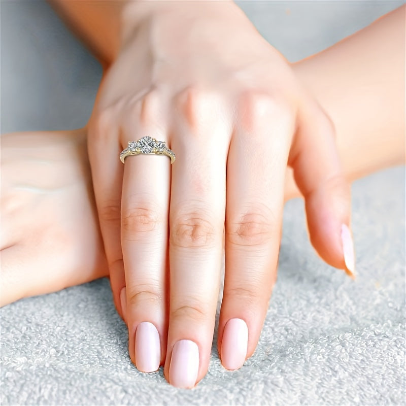 1pc Elegant 3-Stone Moissanite Engagement Ring for Women, 14K Golden Plated 925 Silver, Round Synthetic Stones, 4-Prong Setting, Ideal for Wedding & Valentine'S Day Gift