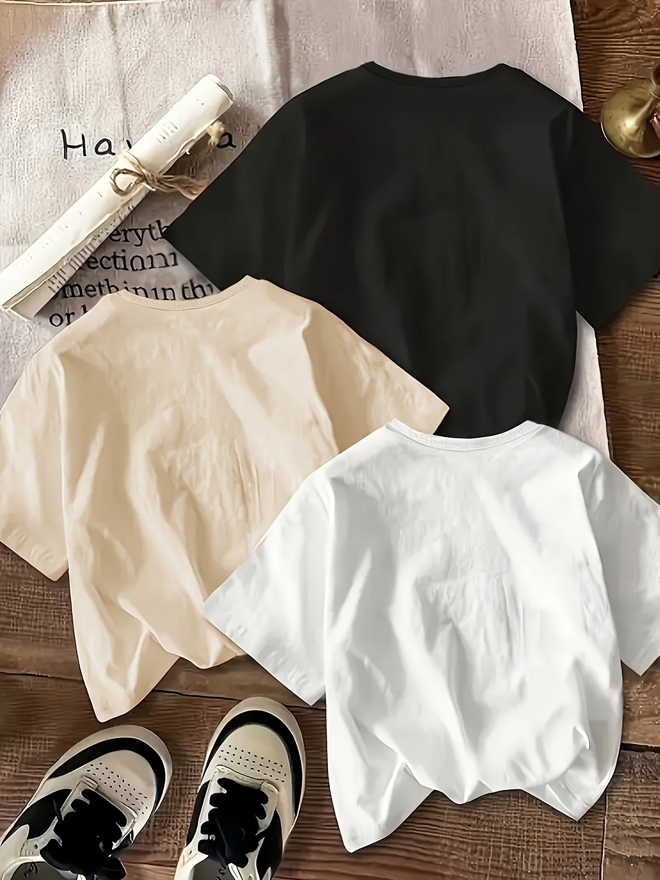 Three-piece boys' fashionable retro short-sleeved T-shirt, a comfortable polyester casual summer top with cute racing and truck letter pattern prints, suitable for daily wear and outdoor use