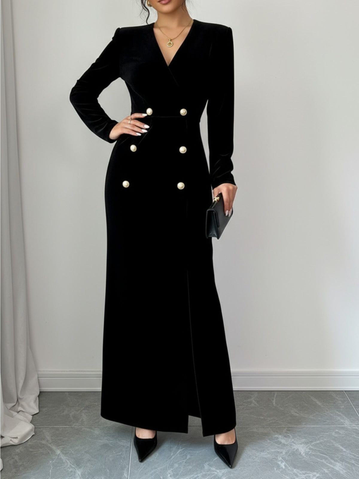 Women'S Elegant Formal Evening gown - Double-Breasted V-Neck Maxi dress, Structured Fit & Waist-Defining Hem, Long Formal party dress for Winter Events, Galas, Business Functions - Fall/Winter Collection