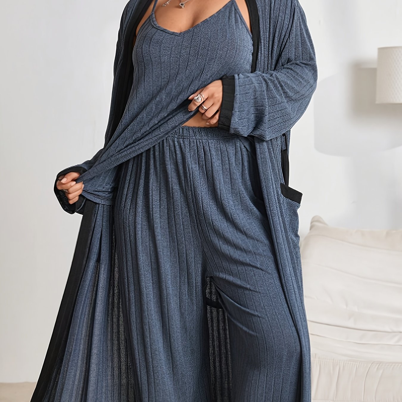 [Three-Piece Loungewear Set] New Autumn And Winter Fashion Warm Solid Color Ribbed Loungewear Set With Sleeveless V-Neck Tank Top + Straight Elastic Waistband Long Pants + Long Sleeve Color-Blocked Cardigan With Side Pockets