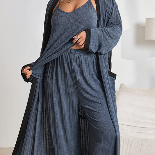 [Three-Piece Loungewear Set] New Autumn And Winter Fashion Warm Solid Color Ribbed Loungewear Set With Sleeveless V-Neck Tank Top + Straight Elastic Waistband Long Pants + Long Sleeve Color-Blocked Cardigan With Side Pockets