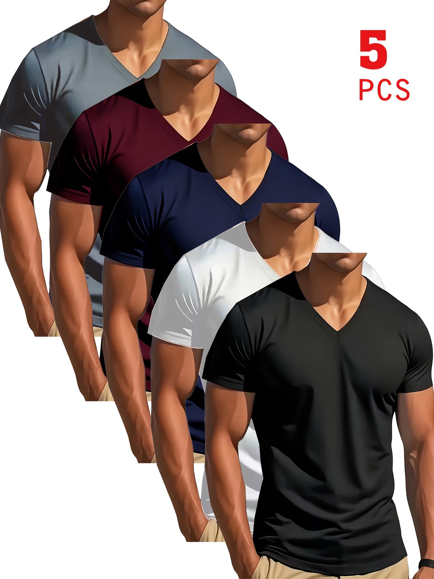 5-Pack Men'S V-Neck T-Shirts | Comfortable, Slightly Stretchable, Slim Fit, Versatile Design, Sportswear, Quick-Dry, Modern Style, Casual Sports Apparel
