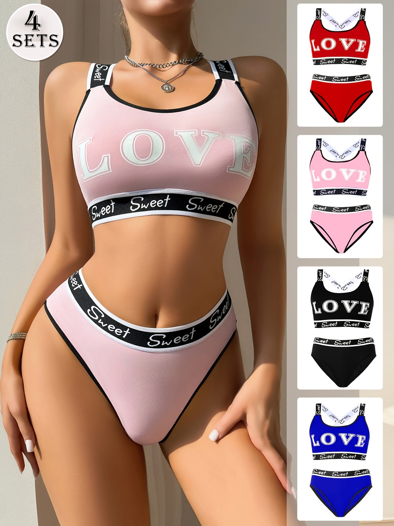[Monogrammed Bra Set] 4 Sets Women's Monogrammed Bra Set | Fashion LOVE Pattern, Contrast Trim, Quick-Drying Ice Silky Fabric - Comfortable & Breathable for Swimming, Gym, Yoga