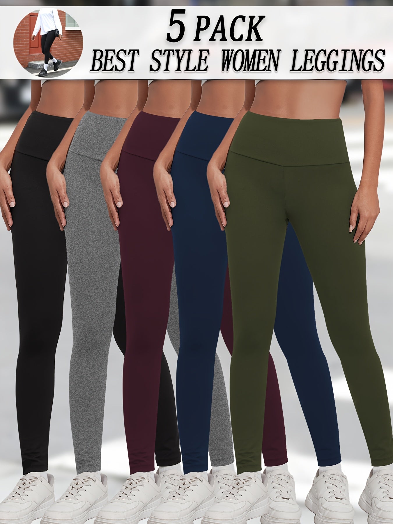 5 Pack Women's High Waisted Tummy Control Workout Leggings - Full Coverage Non-See Through Yoga Running Pants, 5 Colors (Solid), Soft Stretch Gym Athletic Pants for Postpartum & Body Contouring, Multi-Use for Gym, Dance, Casu