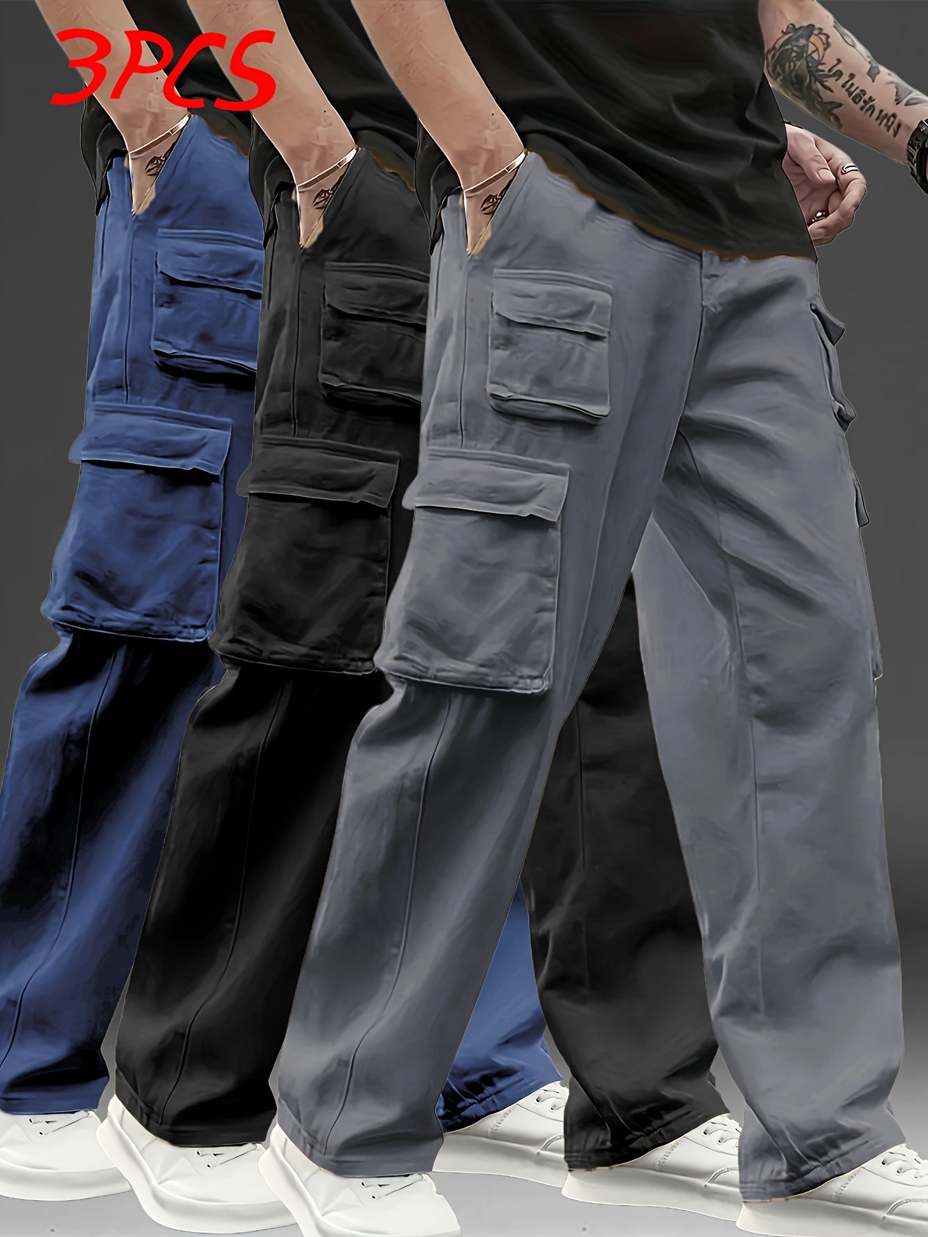 3pcs Men's Multi-Pocket Cargo Pants: Features a Trendy Loose Fit and Durable Design, Making Them Versatile Casual Work Pants Perfect for Outdoor Sports, Daily Wear, Travel, and Various Other Occasions.