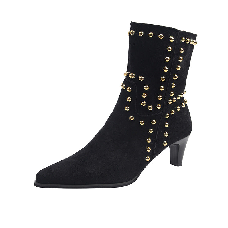 Autumn New Rivet Pointed Toe Mid-Heel Fashion Boots | Suede Slip-On European and American Mid-Calf Boots with Kitten Heel and Genuine Faux Leather Details