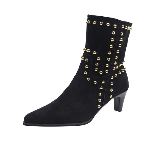 Autumn New Rivet Pointed Toe Mid-Heel Fashion Boots | Suede Slip-On European and American Mid-Calf Boots with Kitten Heel and Genuine Faux Leather Details