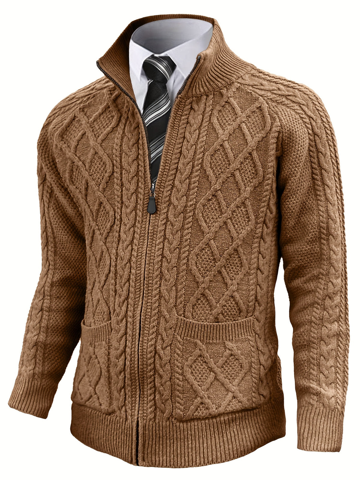 Men'S Cardigan, Solid Color Cable Knit Full Zip Sweater, Perfect for Daily Casual Wear, Warm for Autumn And Winter, a Great Gift for Friends